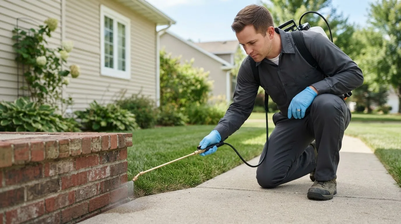 Pest control technician treating a home near North Troy, VT